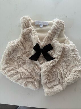 Rachel Zoe Cream Faux Fur Vest with Black Bow Accent